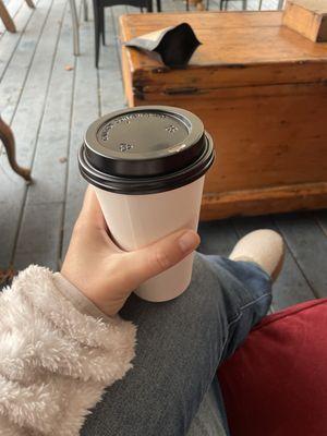 Enjoying a dirty chai on the porch