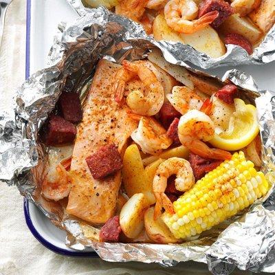 Salmon with corn, lemon, and shrimp.