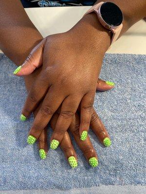 Lime green and polka dots.