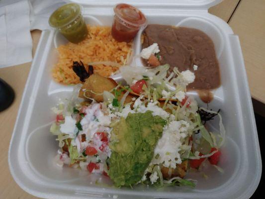 Flautas entree with rice and beans from their lunch truck