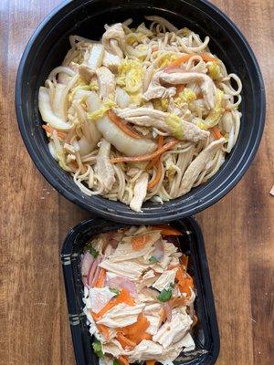 Stir fry chicken noodles and appetizer tofu with chili oil