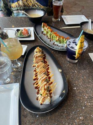 Caterpillar (with avo) and the shrimp tempura sushi rolls. The Paloma (left), and the ube mai thai (purple). Miso soup (very good).