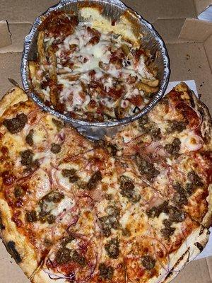 Sausage Rustico and bacon cheese fries