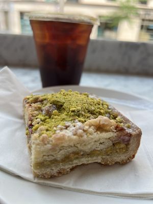 Iced coffee and pistachio cherry tart