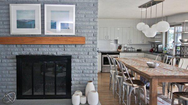 Painted brick fireplace, new white oak mantel