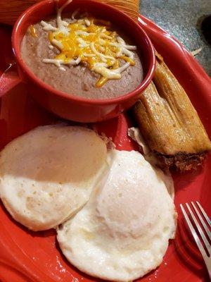 Tamale, eggs & beans