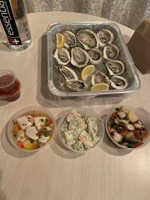 Oysters. Shrimp with dill. Ceviche. Octopus salad.