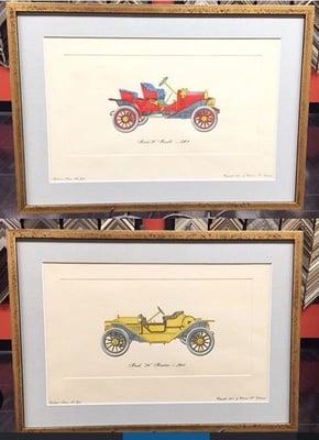 Antique hand colored prints respectfully framed with linen mats a Acid washed gold leafed framed by Roma Moulding.