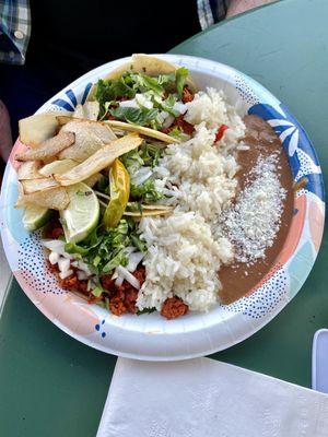 Chorizo taco plate w rice and beans.