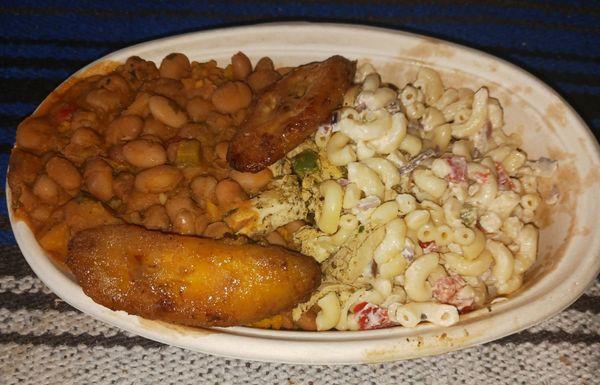 Soy based Strips (formerly known as Chickn strips) (8oz) Sweet Plantains (7) rice and beans with macaroni salad.