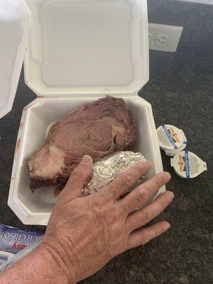 Prime rib/ with baked potato! 20.00 lunch portion!  The dinner portion is MUCH MUCH BIGGER!  And is 36.00.