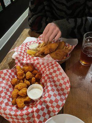 Fish/chips and cauliflower