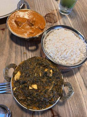 Chicken tikka masala, rice, palak paneer