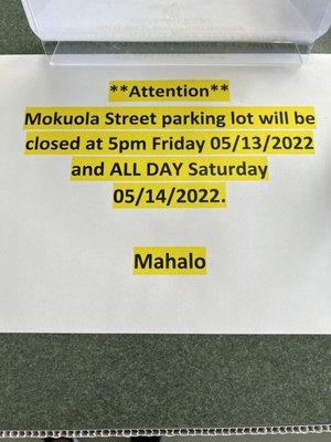 Attention... parking lot closure