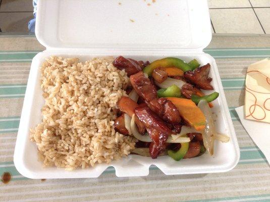 Bourbon Chicken with brown rice.