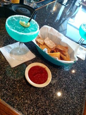 Blue Margarita and house chips and salsa