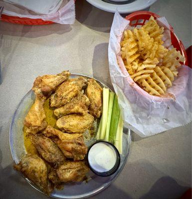 10 Wing Combo with Lemon Pepper and Spicy Ranch, and Cajun Waffle Fries