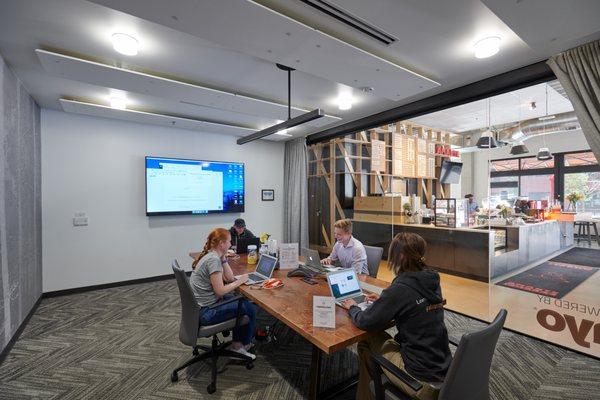 Socially distanced seating in conference rooms.