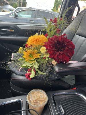 Vanilla latte, and a bouquet from Oddball Gardening that sells flowers out front of Lamppost Saturdays 8-11am seasonally!