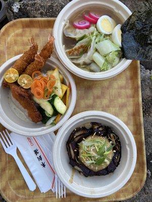 Gyoza ramen, surf plate, char siu bowl