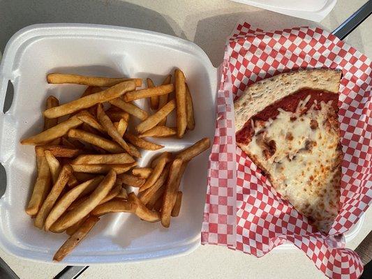 Slice of Cheese Pizza with fries