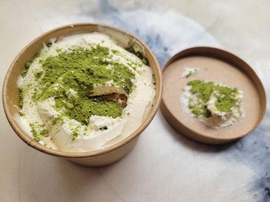 Matcha tirmaisu - ladyfingers, smooth thick mousse, a layer of matcha fromage cheesecake like filling, and match powder