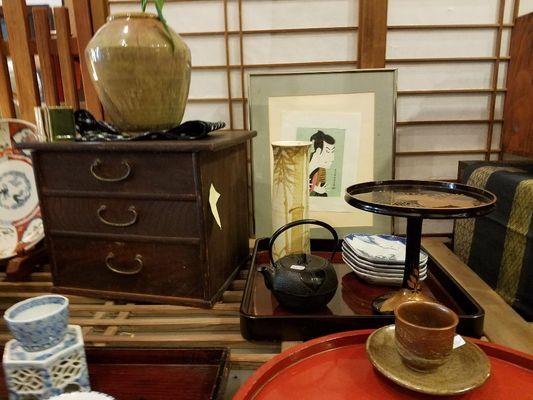 Table-top cabinet, trays and tea kettle