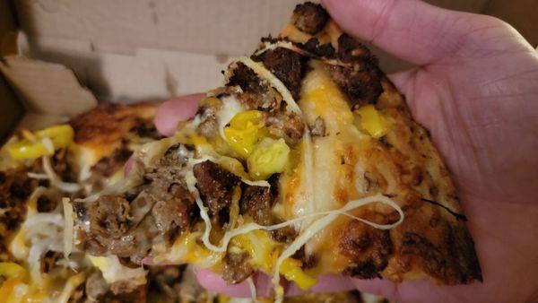 Small (12", 8 slice) Steak & 3 Cheese Pizza (w/banana peppers): Solid steak pizza; Recommend drizzling warmed hot honey on top!