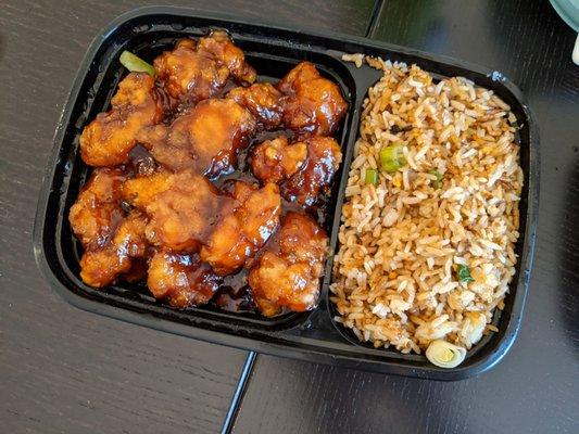 Lunch special - orange chicken with fried rice (drink and appetizer are pictured separately)