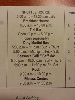 Hours for Shuttle, Food, Pool, and Fitness Center.