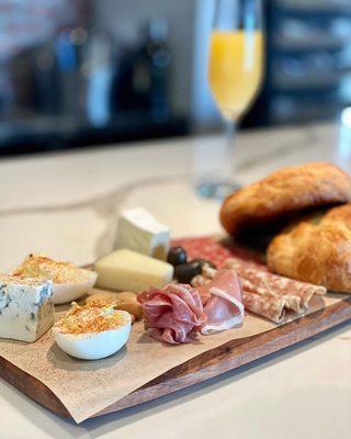 2nd street Brunch Board, 3 types of cheeses and 3 types of meats served with warm croissants