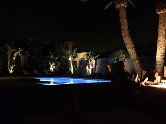 Night shot with LED pool lights on.