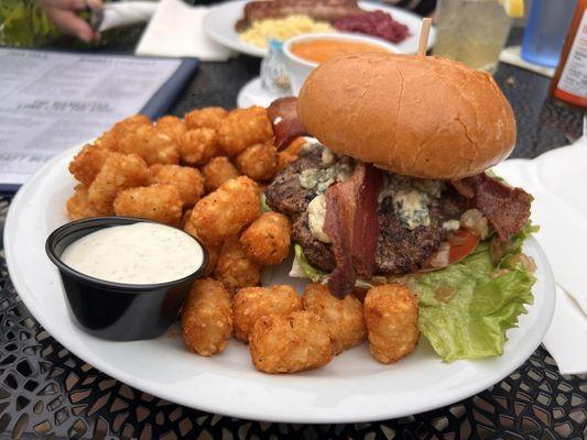 Blue cheese burger with the best tots you've ever had