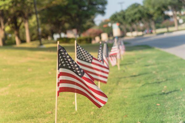 Flags on a green and weed-free lawn