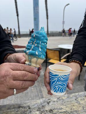 Vanilla soft serve dipped in a blue raspberry shell. Double shot espresso.