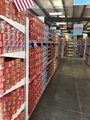 Plenty of fireworks, neatly stacked on the shelves