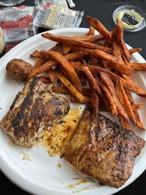 Mahi mahi fish basket with sweet potato fries.