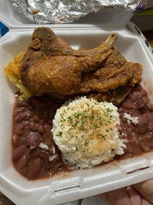 Pork chops red beans and rice and cornbread