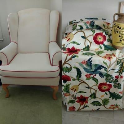 Need this wing back chair reupholstered.  Material on right is a heavy cotton canvas.  Is it possible to get a quote?