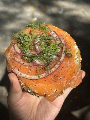 Bagel with Smoked Salmon, Scallion Cream Cheese, Caper, Red Onion, Dill.