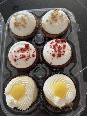 Carrot, red velvet and lemon cupcakes.