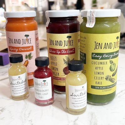 Assorted juices from the Jen and Juice signature line up with some wellness shots