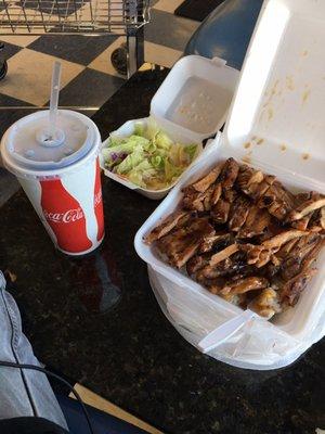 Drink, salad(with miso dressing, my fav) and huge box of chicken and rice