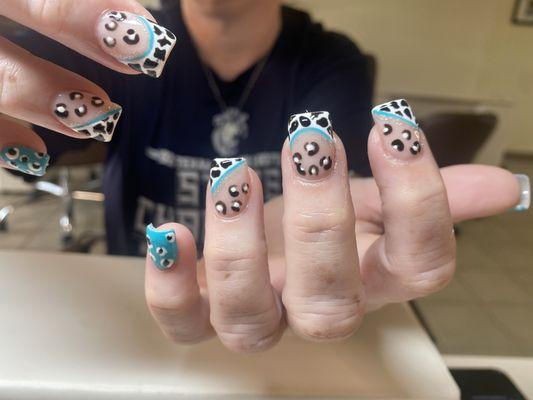 Dip full set with cow print frenchies and cheetah print by Cici