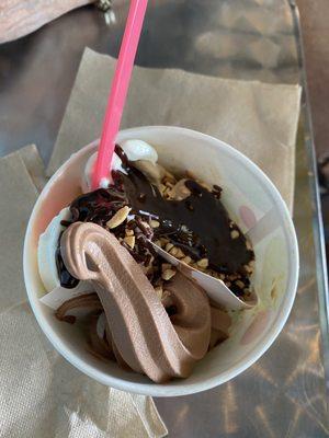 Cake batter with hot fudge, peanuts and chocolate frozen yogurt!