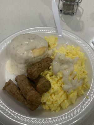 Eggs with turkey sausage and biscuits-gravy