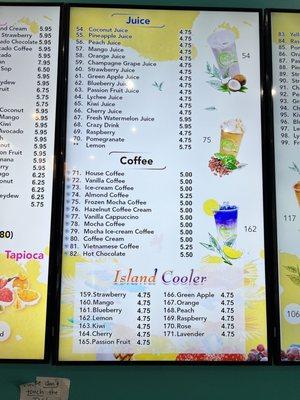 Juice, coffee, and island cooler drink menu