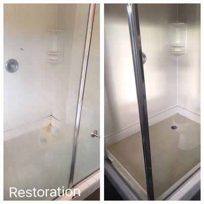 Restoration of a tile, glass, acrylic shower stall