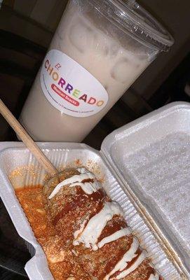 Agua de horchata and Elote chorreado.