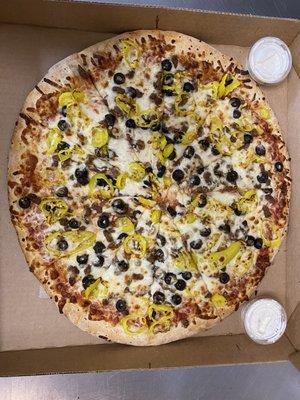 Black olives and Banana pepper pizza